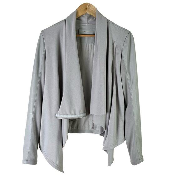 BlankNYC Private Practice Vegan Leather & Cotton Drape Front Moto Jacket Gray, S - Picture 4 of 16